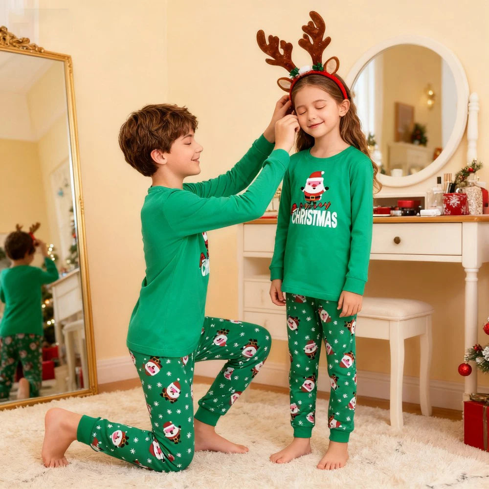 GREEN Santa Matching Kids Pajamas Sets