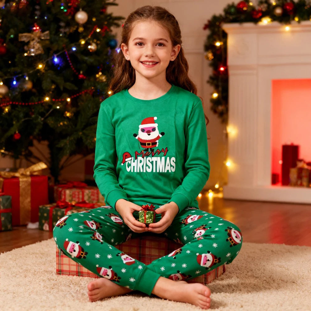 GREEN Santa Matching Kids Pajamas Sets