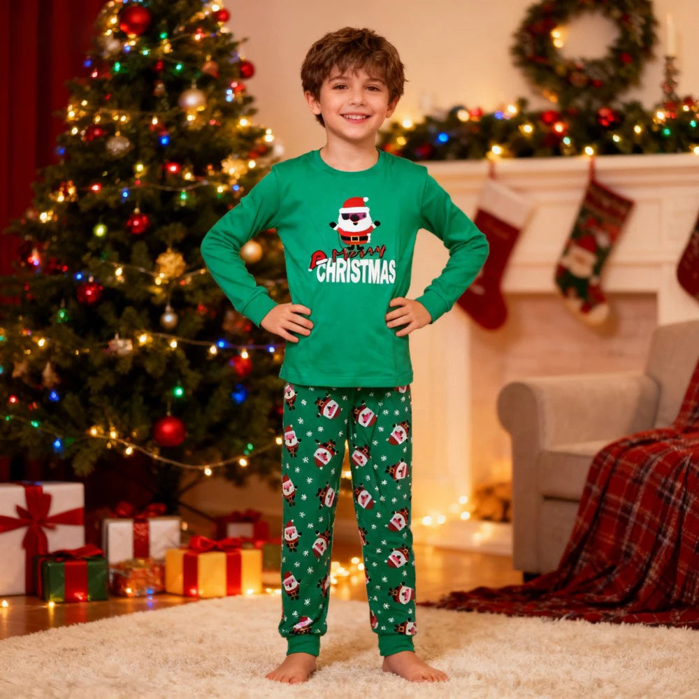 GREEN Santa Matching Kids Pajamas Sets