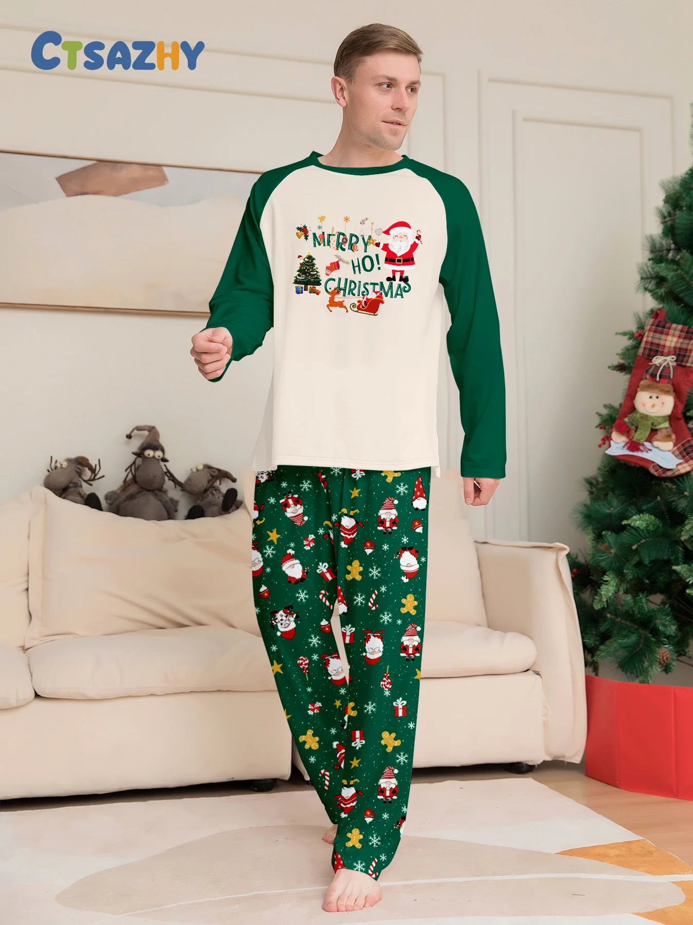 Green Santa Xmas Matching Pajamas Set