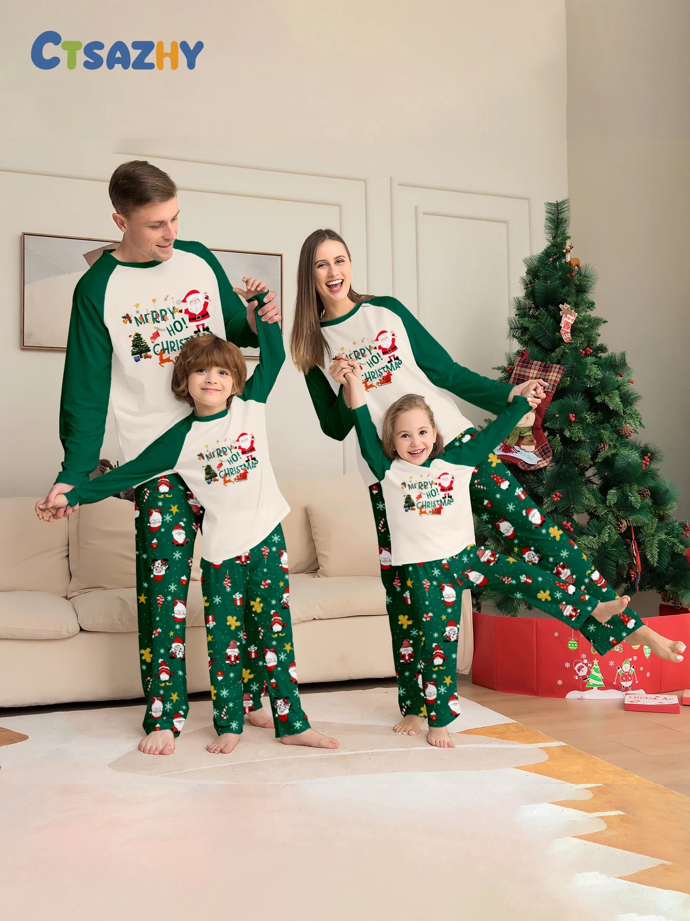 Green Santa Xmas Matching Pajamas Set
