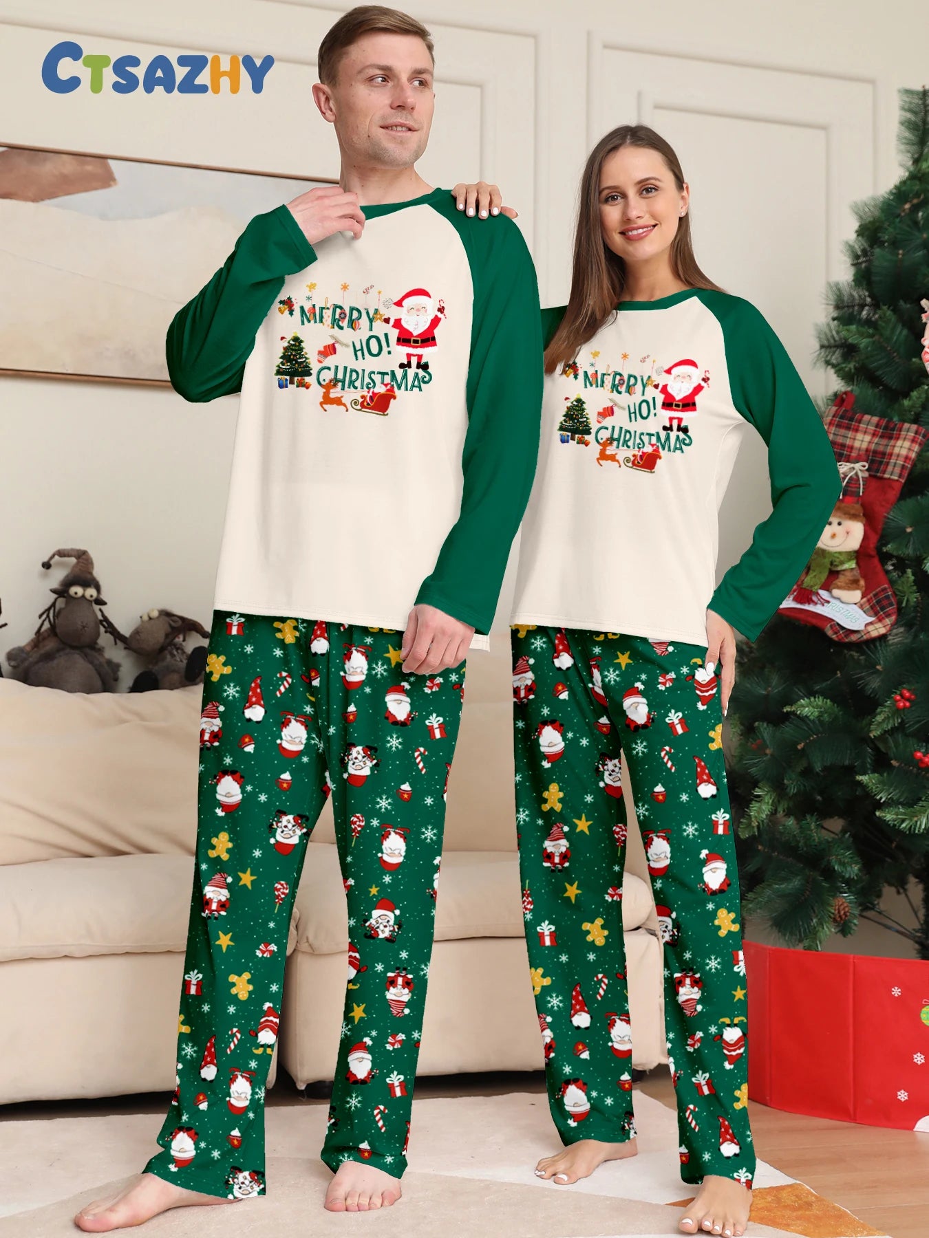 Green Santa Xmas Matching Pajamas Set