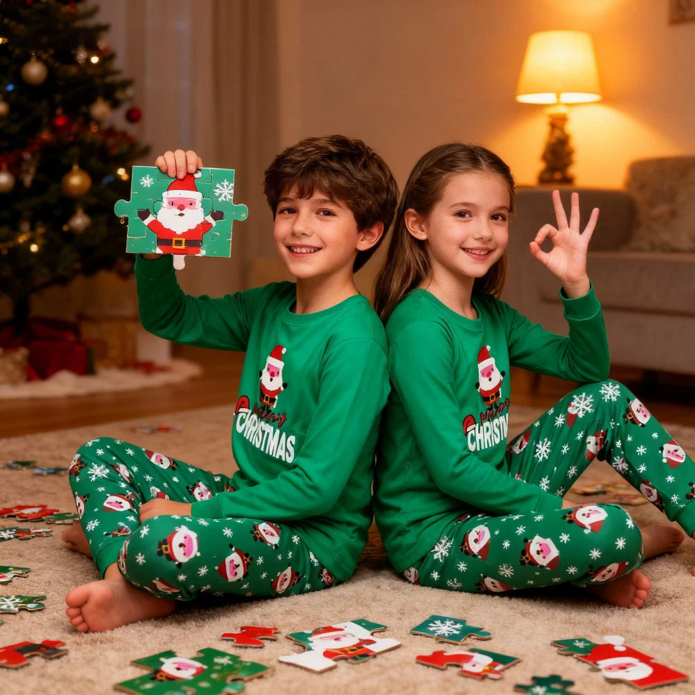 GREEN Santa Matching Kids Pajamas Sets