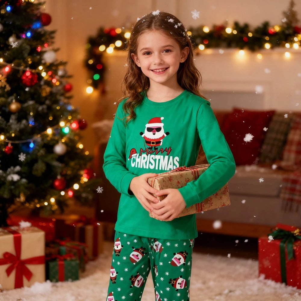 GREEN Santa Matching Kids Pajamas Sets