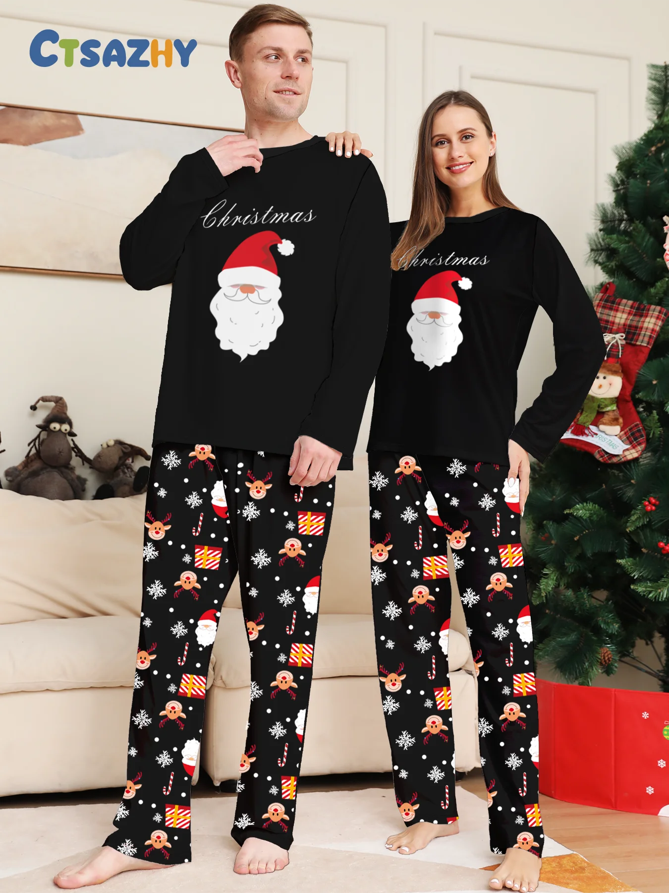 BLACK Santa Couple Pajamas Set