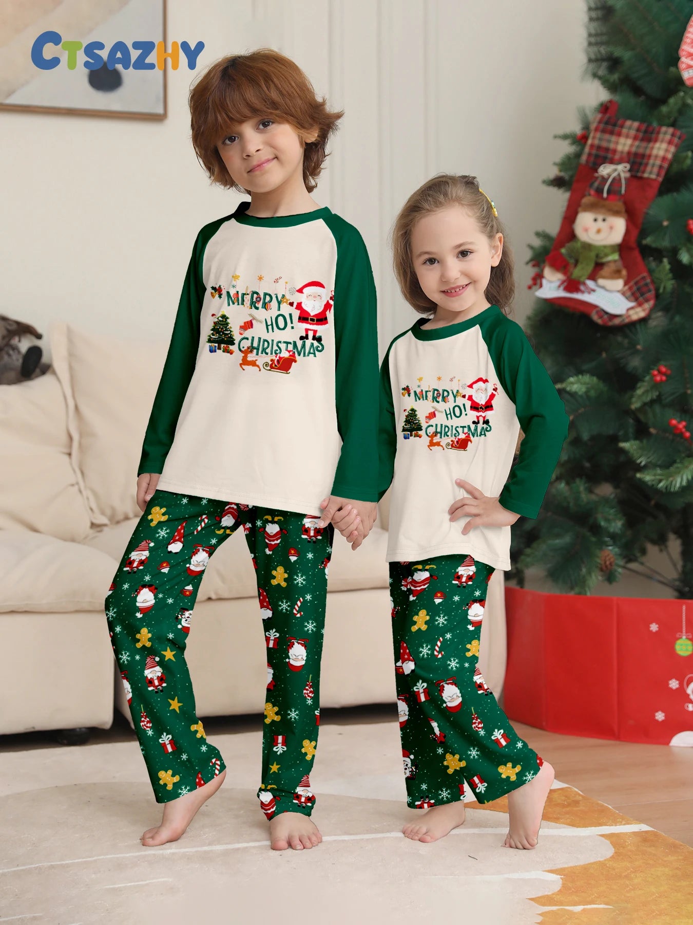 Green Santa Xmas Matching Pajamas Set